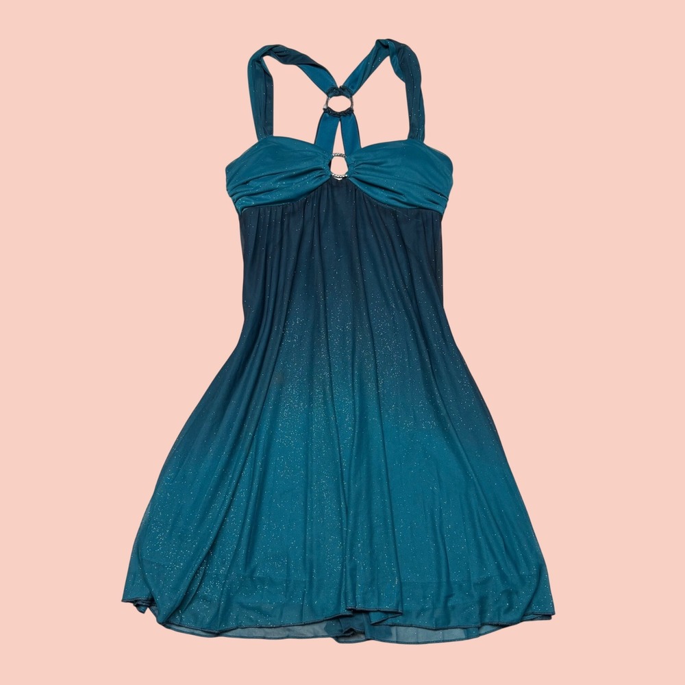 Speechless Teal Blue Ombre Glitter Mesh Rhinestone Ring Strappy Dress Small